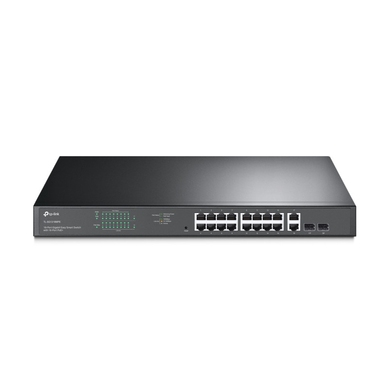 TP-Link JetStream 16-port Gigabit EasySmart PoE+ preklopnik (Switch), 16×10/100/1000M RJ45 PoE, 2×SFP Gigabit, 1U 19" rack-mount kućište (192W)-16