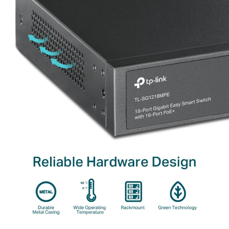 TP-Link JetStream 16-port Gigabit EasySmart PoE+ preklopnik (Switch), 16×10/100/1000M RJ45 PoE, 2×SFP Gigabit, 1U 19" rack-mount kućište (192W)-9