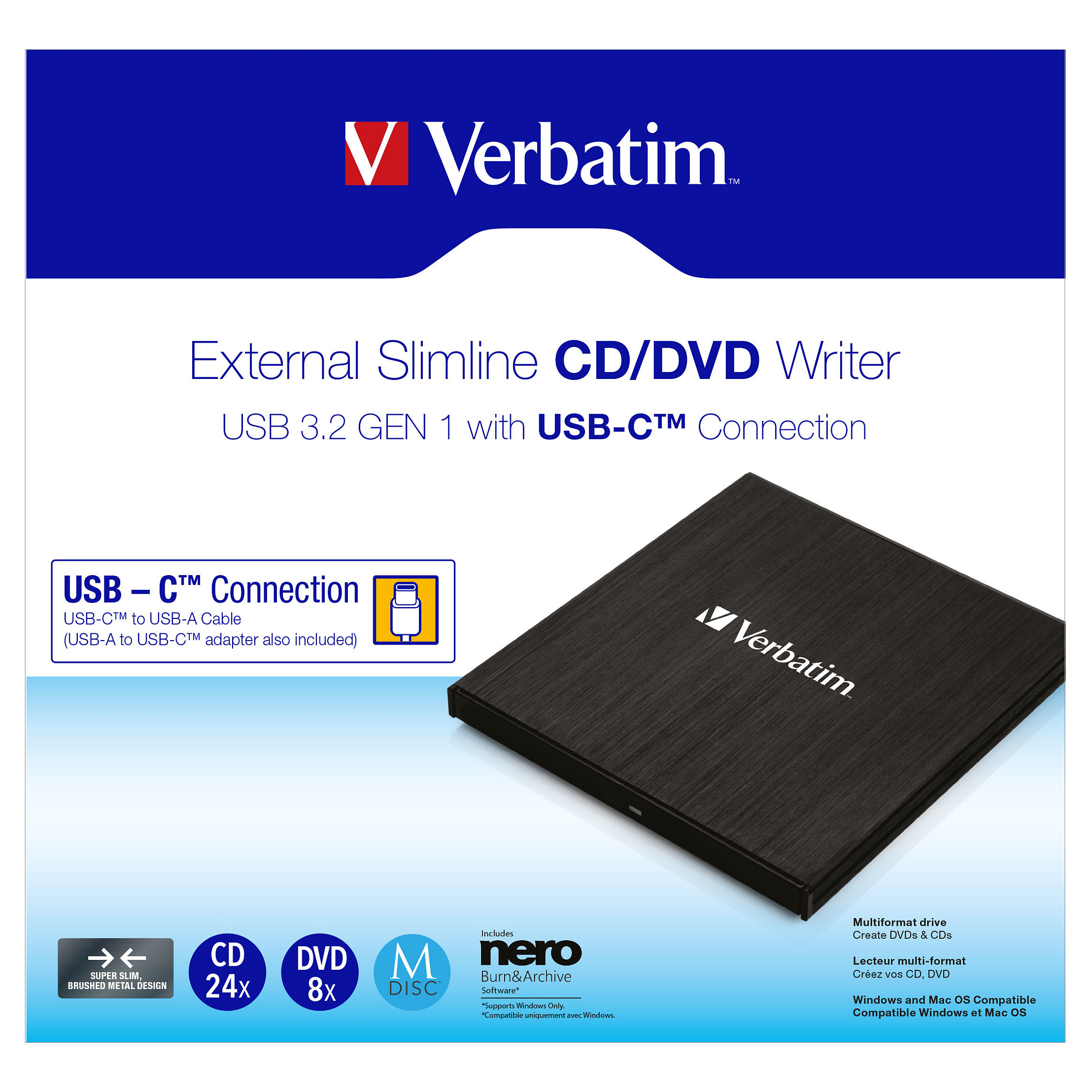 Verbatim CD/DVD Slimline vanjski snimač, M-Disc kompatibilan, USB3.2/USB-C crni-4