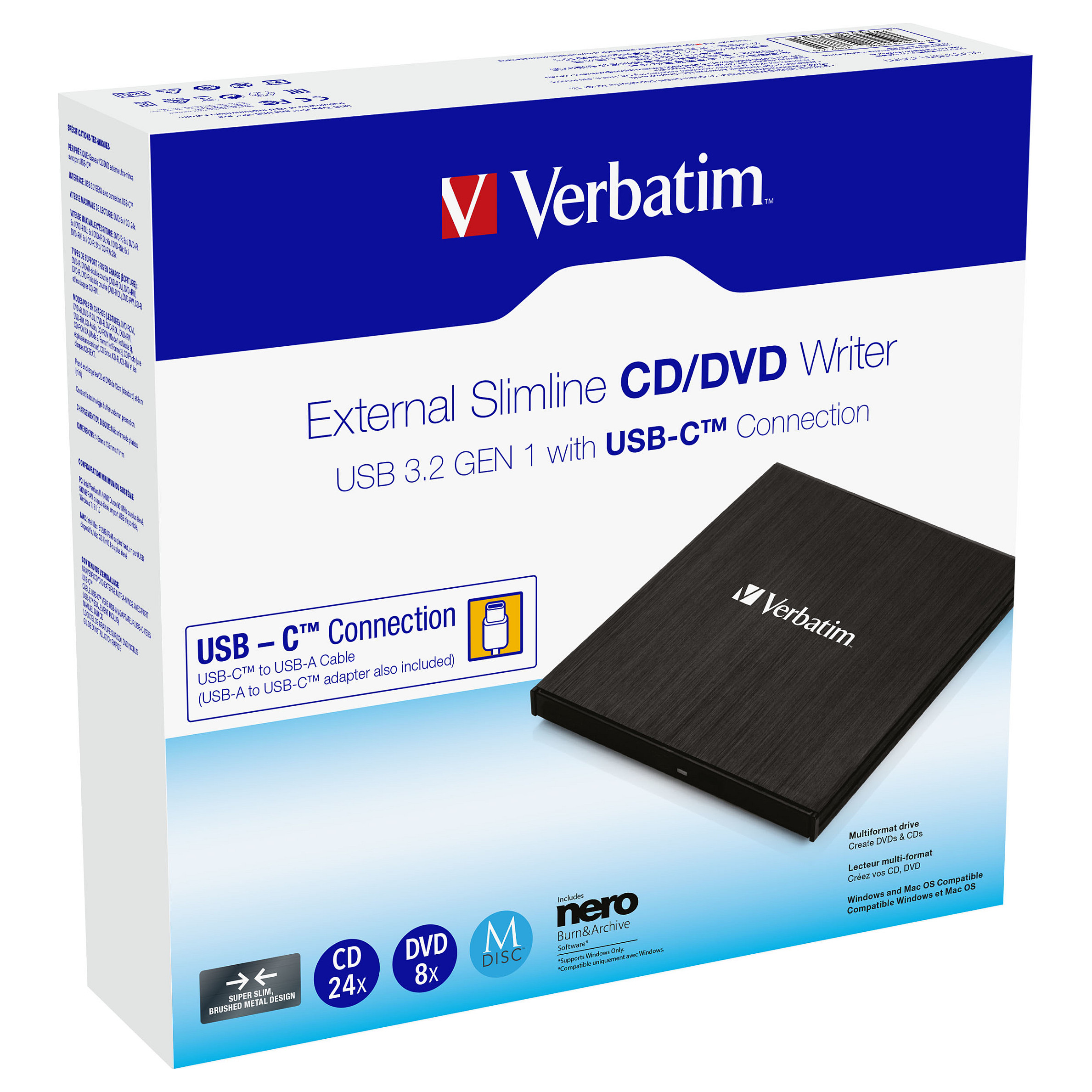 Verbatim CD/DVD Slimline vanjski snimač, M-Disc kompatibilan, USB3.2/USB-C crni-7