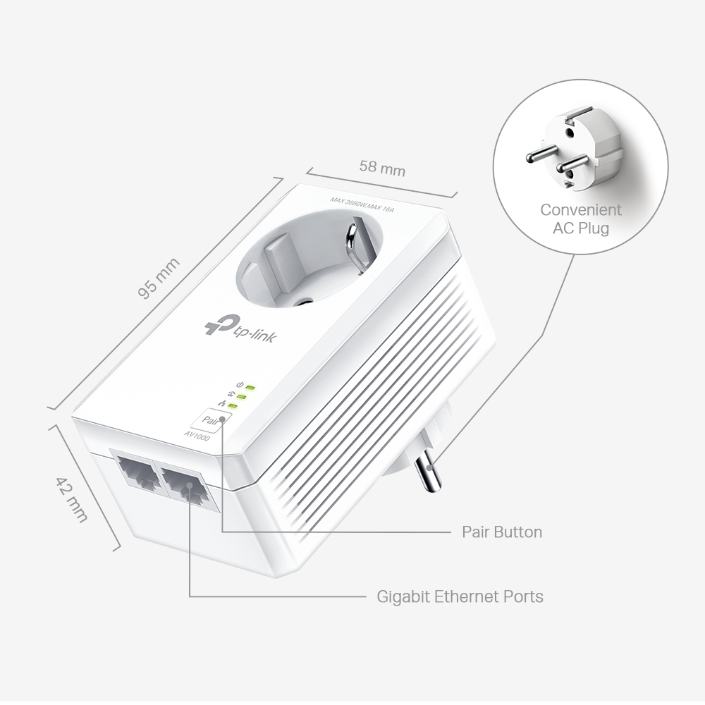 Mrežni adapter TP-LINK AV1000 Powerline Gigabit, 1000Mbps, dodatna strujna utičnica, 2×G-LAN, HomePlug AV2-8