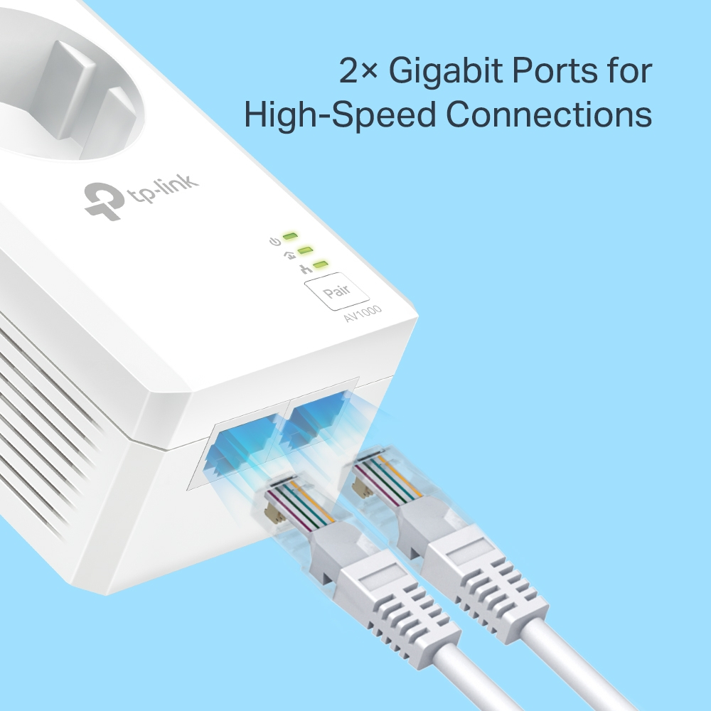 Mrežni adapter TP-LINK AV1000 Powerline Gigabit, 1000Mbps, dodatna strujna utičnica, 2×G-LAN, HomePlug AV2-3