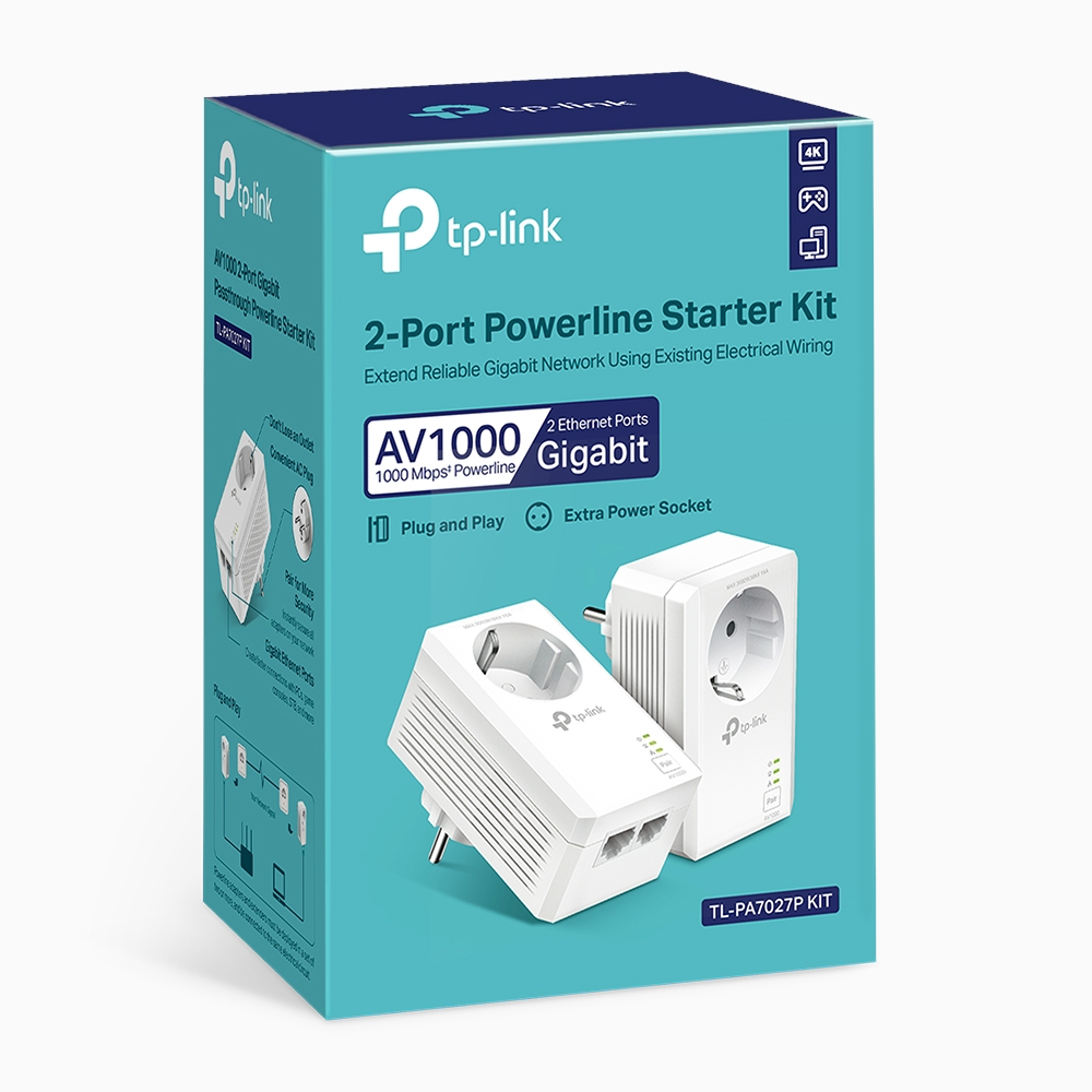 Mrežni adapter TP-LINK AV1000 Powerline Gigabit, 1000Mbps, dodatna strujna utičnica, 2×G-LAN, HomePlug AV2-7
