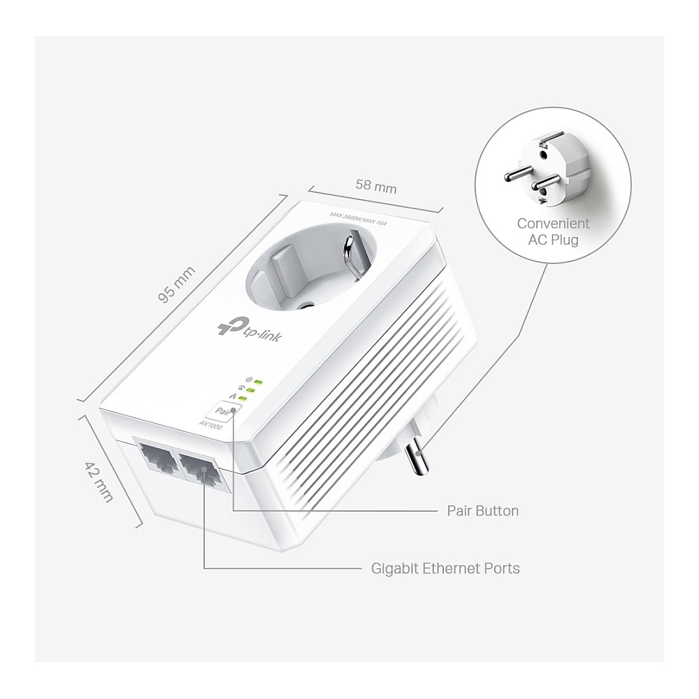 Mrežni adapter TP-LINK AV1000 Powerline Gigabit, 1000Mbps, dodatna strujna utičnica, 2×G-LAN, HomePlug AV2-11