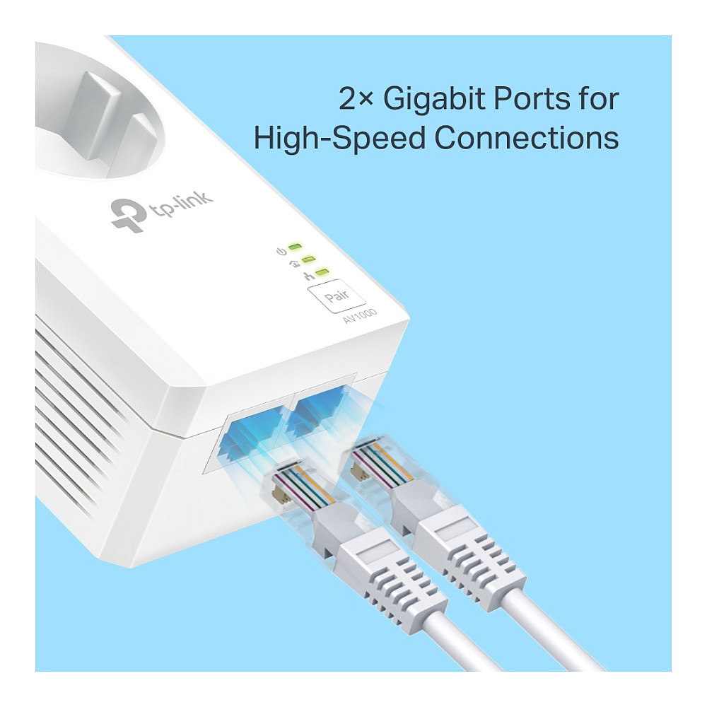 Mrežni adapter TP-LINK AV1000 Powerline Gigabit, 1000Mbps, dodatna strujna utičnica, 2×G-LAN, HomePlug AV2-13