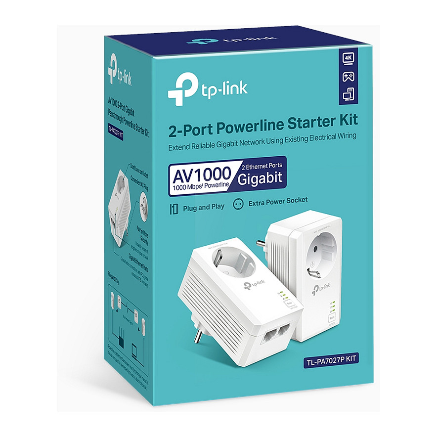 Mrežni adapter TP-LINK AV1000 Powerline Gigabit, 1000Mbps, dodatna strujna utičnica, 2×G-LAN, HomePlug AV2-16