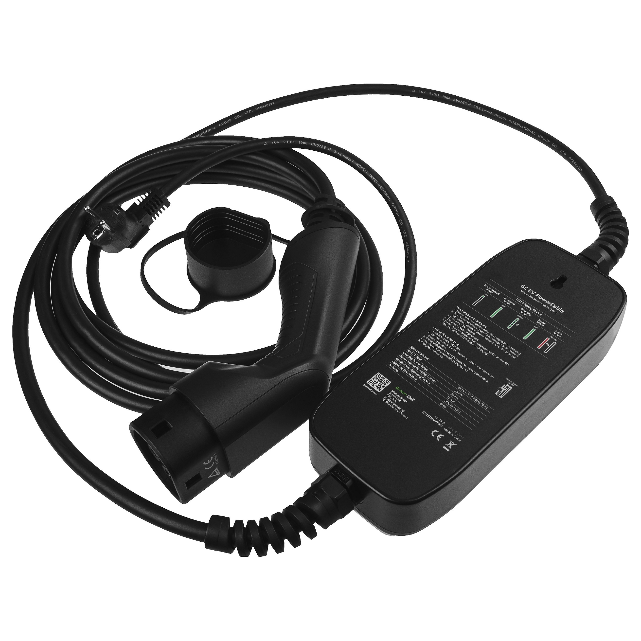 Prijenosni punjač za električna vozila GREEN CELL EV16 (Schuko na Type 2, 3.6 kW, 16A, 1-faza, 6.5 m, LCD)-4