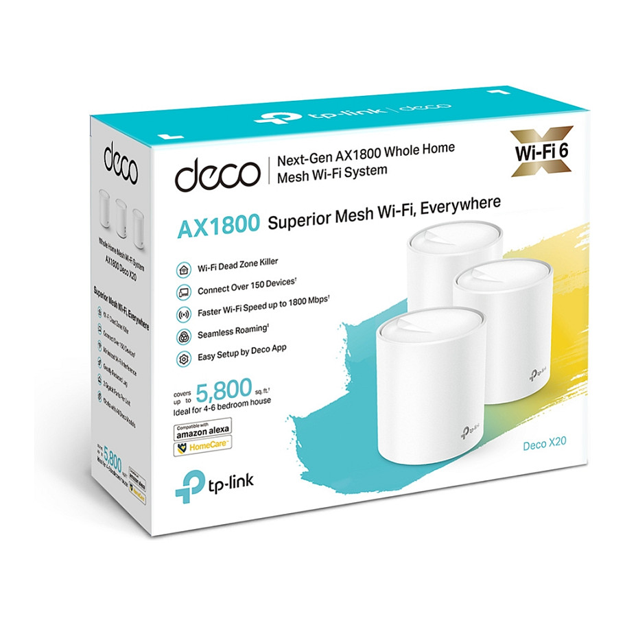 TP-Link AX1800 Deco X20 (3-pack), Dual-Band Mesh Wi-Fi 6, 574Mbps/1201Mbps (2.4GHz/5GHz), 802.11ax/ac/n/a/b/g, 2×G-LAN, Deco App-10