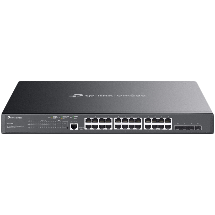 TP-Link JetStream 28-port Gigabit L2+ upravljiv PoE+ preklopnik (Switch), 24×10/100/1000M RJ45 ports, 4×Gbit SFP, RJ45/Micro-USB Console port, 1U 19" rack mount (384W)-1