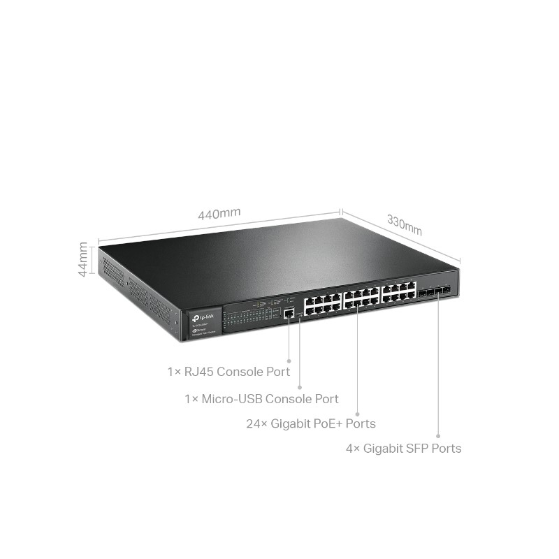 TP-Link JetStream 28-port Gigabit L2+ upravljiv PoE+ preklopnik (Switch), 24×10/100/1000M RJ45 ports, 4×Gbit SFP, RJ45/Micro-USB Console port, 1U 19" rack mount (384W)-5