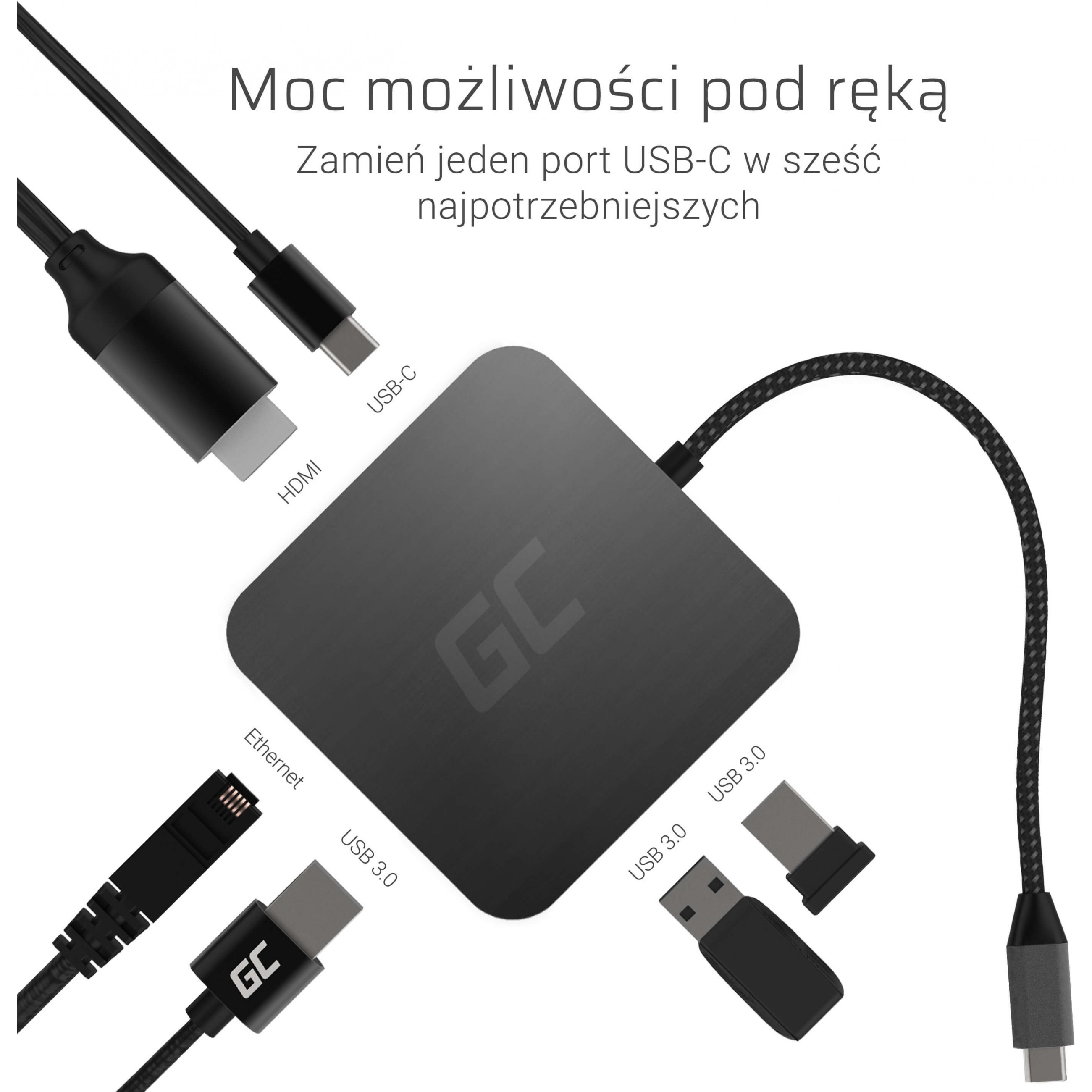Green Cell HUB adapter 6in1 USB-C (HDMI, USB-C, 3x USB 3.0 & Ethernet) - za MacBook Pro, Dell XPS, Lenovo X1 Carbon & ostale-2