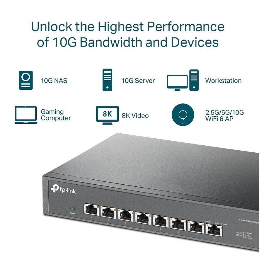 TP-Link 8-Port Multi-gigabit 10G preklopnik (Switch), 8×10G, desktop/rackmount 13" kučište-16