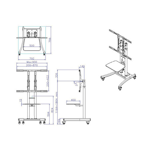 Podni nosač VALUE Roline VALUE (nosivost do 125 kg, max. visina 185 cm, VESA 400x400, 800x600)-3