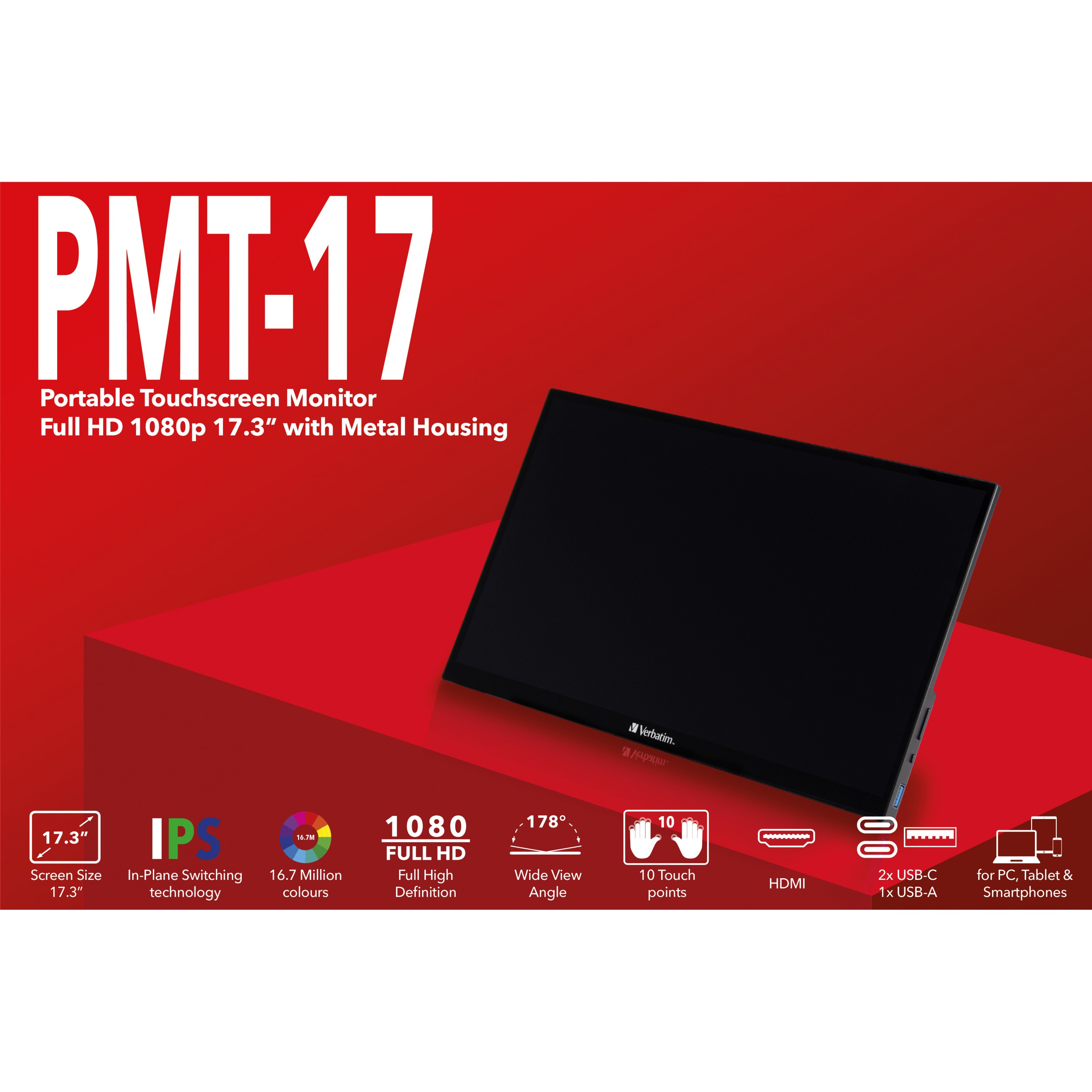 Prijenosni zaslon VERBATIM PMT-17 17.3" 1920x1080 IPS, 169, Touch Panel, HDR, FreeSync, Low Blue Light, HDMIx1, USBx3-8