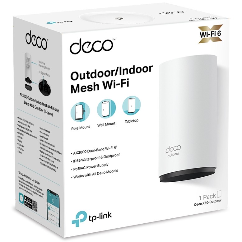 TP-Link AX3000 Deco X50-Outdoor, Dual-Band Mesh Wi-Fi 6, 574Mbps/2402Mbps (2.4GHz/5GHz), 802.11ax/ac/n/a/b/g, 2×G-LAN, IP65, Deco App-19