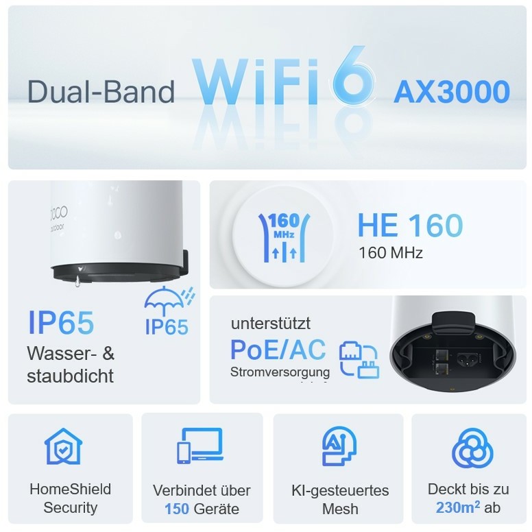 TP-Link AX3000 Deco X50-Outdoor, Dual-Band Mesh Wi-Fi 6, 574Mbps/2402Mbps (2.4GHz/5GHz), 802.11ax/ac/n/a/b/g, 2×G-LAN, IP65, Deco App-25