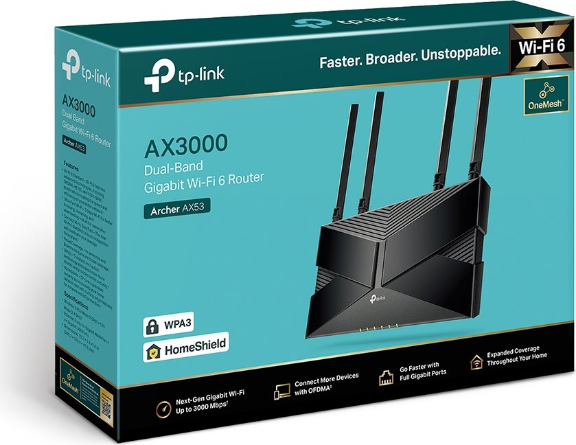 Router TP-LINK Archer AX53, AX3000, (Dual-Band WiFi 6) 574Mbps/2402Mbps (2.4GHz/5GHz)802.11ax/a/b/g/n/ac, 1×G-WAN, 4×G-LAN, 4 antene, bežični-6