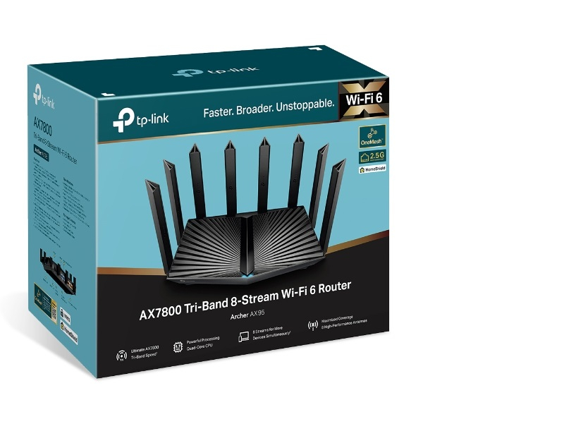 TP-Link AX7800 Archer AX95 bežični usmjerivač (Tri-Band Gigabit Wi-Fi 6 Router) 574 Mbps/2402 Mbps/4804 Mbps (2.4GHz/5GHz×2) 802.11ax/ac/n/a/b/g,1.7 GHz 4C, 3x G-LAN, 2x G-WAN/LAN, 2xUSB, 8x Antena-5