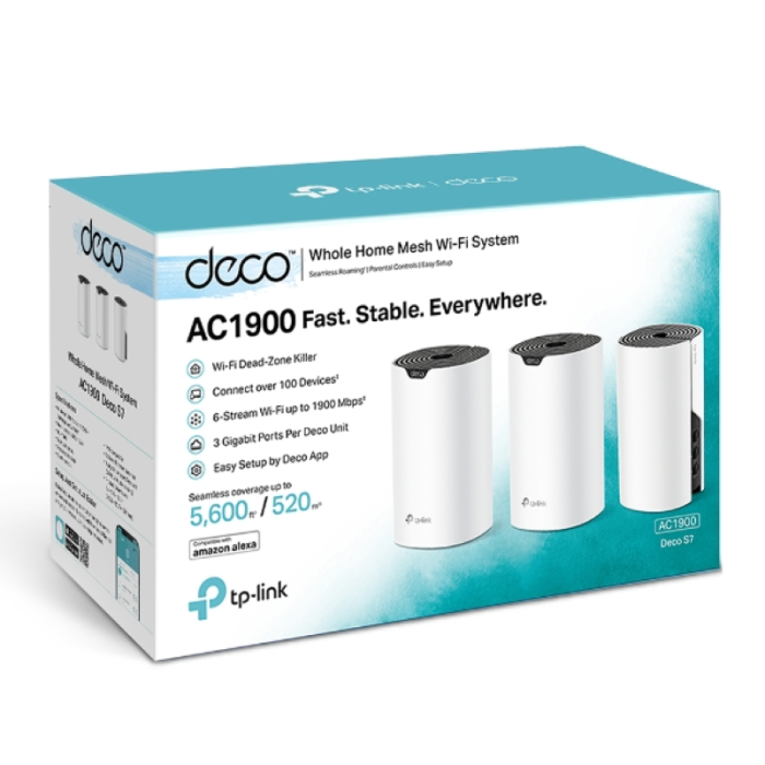 TP- Link AC1900 Deco S7 (3-pack) Mesh Wi-Fi, Dual-Band, 600 Mbps/1300 Mbps (2.4GHz/5GHz), 3×LAN, 3×interna antena, Deco App-3