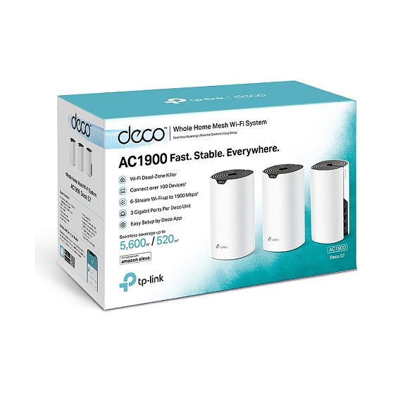TP- Link AC1900 Deco S7 (3-pack) Mesh Wi-Fi, Dual-Band, 600 Mbps/1300 Mbps (2.4GHz/5GHz), 3×LAN, 3×interna antena, Deco App-12