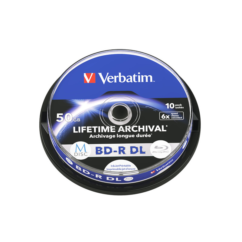 Blu-Ray M-Disc VERBATIM BD-R DL 50GB 6x Inkjet Printable 10 Pack Spindle (Kapacitet 50GB, Brzina 6x, Površina Inkjet Printable, Područje ispisa 22 - 118mm)-1