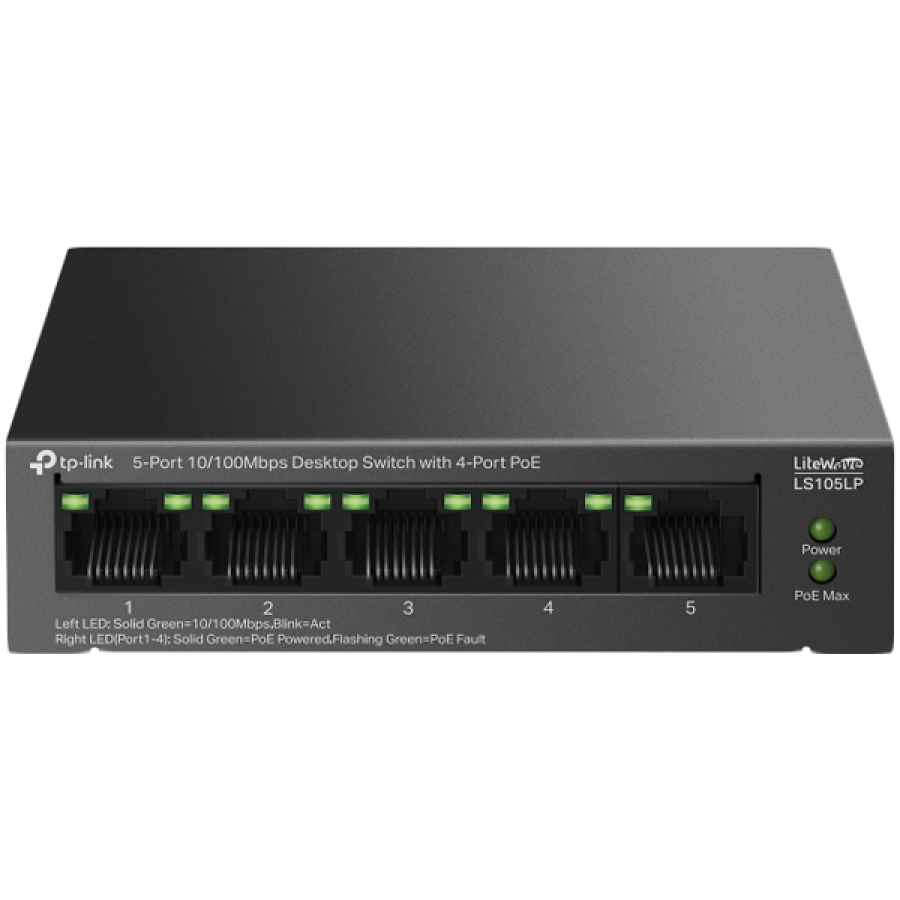 TP-Link 5-Port 10/100Mbps Desktop preklopnik (Switch), 5×10/100 Mbps RJ45 Ports (4×10/100 Mbps 802.3af PoE Ports) 802.3af, 41W PoE Power, metalno kučište-1