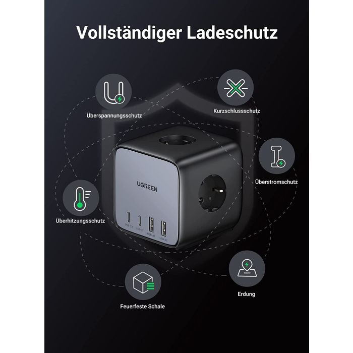 UGREEN DigiNest Cube, 65W, 3x ŠUKO, 2x USB-C, 2x USB-A, 1.8m, crno sivi-7