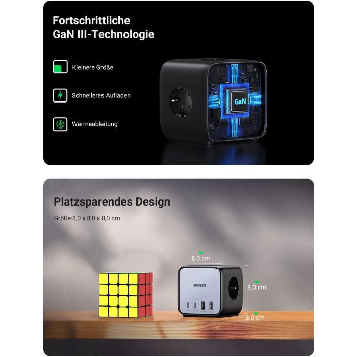 UGREEN DigiNest Cube, 65W, 3x ŠUKO, 2x USB-C, 2x USB-A, 1.8m, crno sivi-2