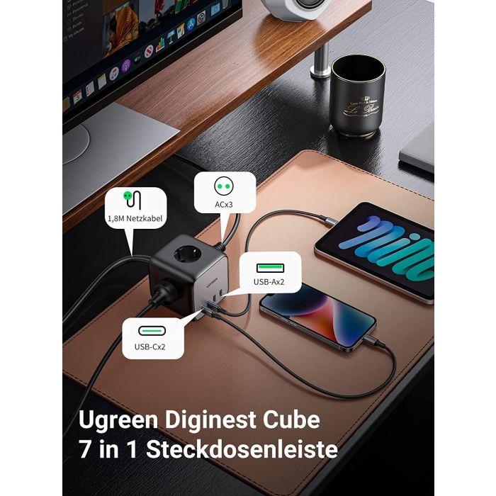 UGREEN DigiNest Cube, 65W, 3x ŠUKO, 2x USB-C, 2x USB-A, 1.8m, crno sivi-3
