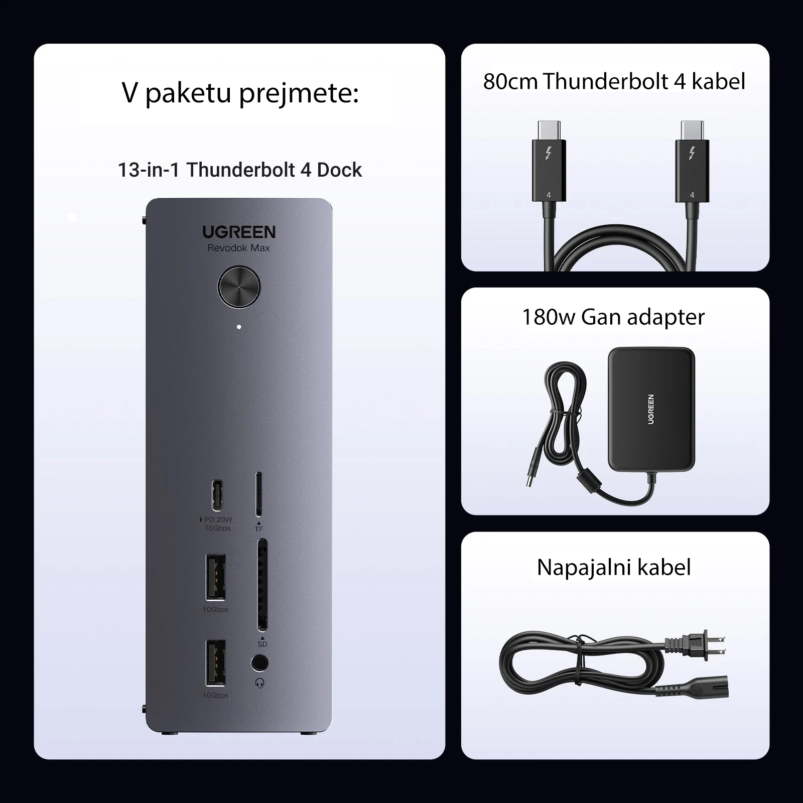 UGREEN Revodok Max 13u1, DisplayPort, Thunderbolt 4, USB-C, RJ45, čitač kartica TF/SD, 3.5mm-5