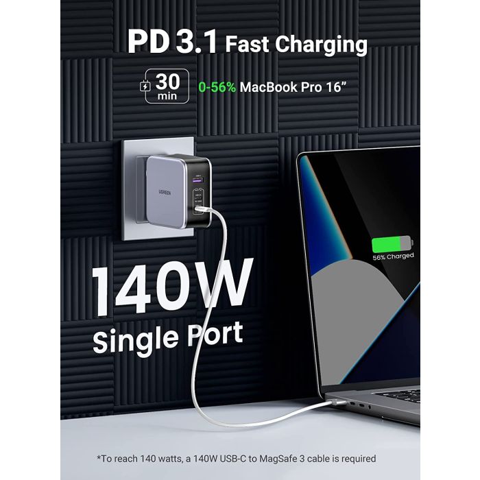 UGREEN 140W Nexode zidni punjač, GaN, PD 3.1, 1×USB-A/2×USB-C, USB-C kabel 1.5m, crni-10