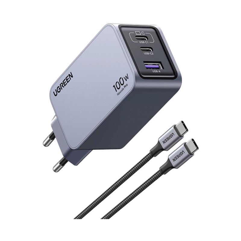 UGREEN Nexode Pro Mini FC, 100W, 2x USB-C, USB-A, USB-C kabel, GaN, sivi-21