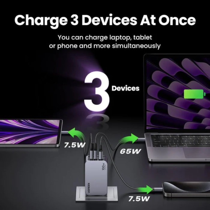 UGREEN Nexode Pro Mini FC, 100W, 2x USB-C, USB-A, USB-C kabel, GaN, sivi-15