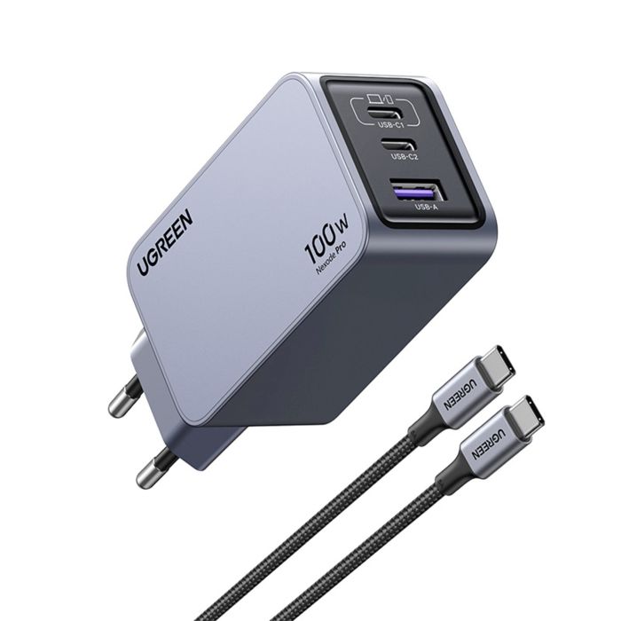 UGREEN Nexode Pro Mini FC, 100W, 2x USB-C, USB-A, USB-C kabel, GaN, sivi-10