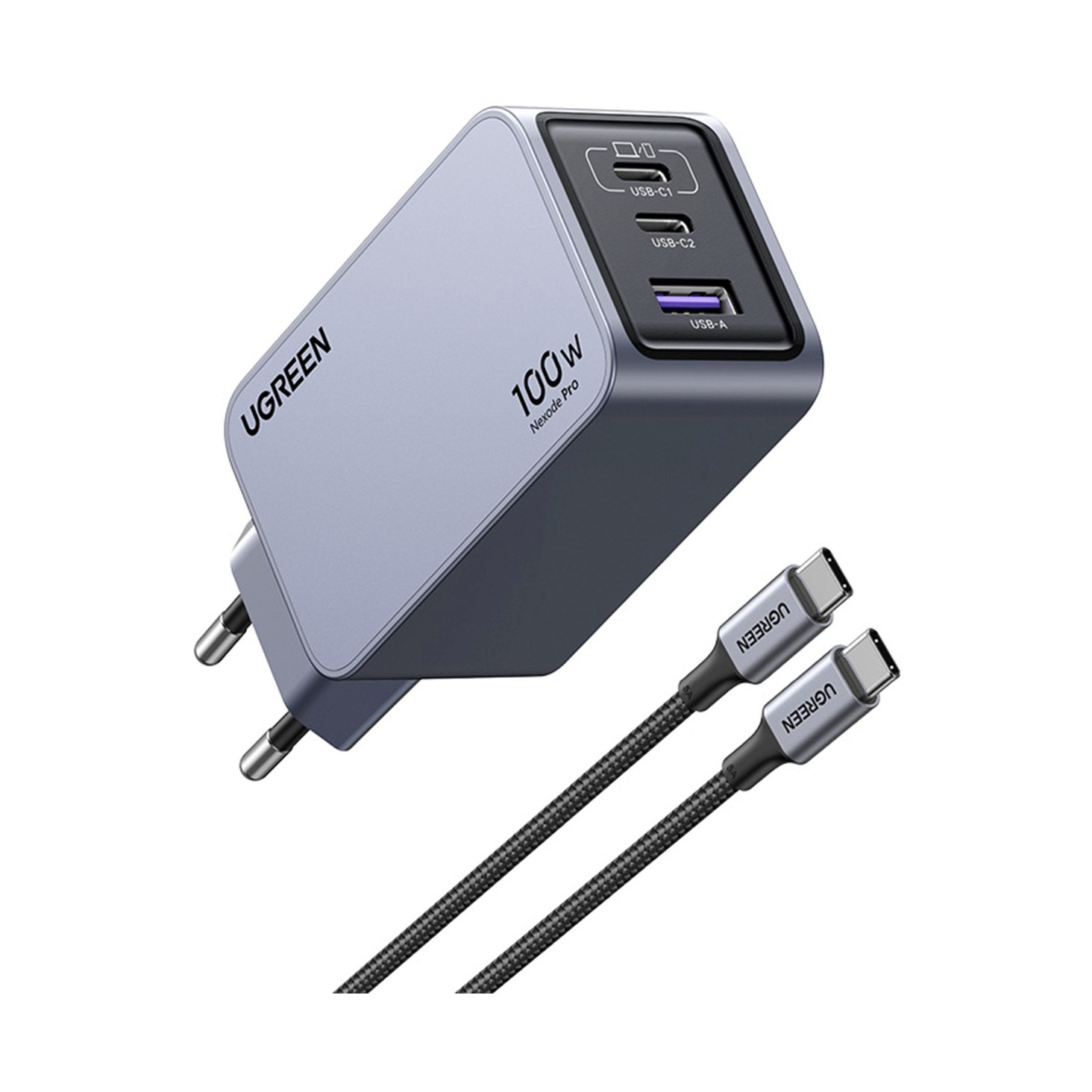 UGREEN Nexode Pro Mini FC, 100W, 2x USB-C, USB-A, USB-C kabel, GaN, sivi-7