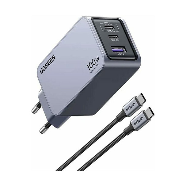 UGREEN Nexode Pro Mini FC, 100W, 2x USB-C, USB-A, USB-C kabel, GaN, sivi-16