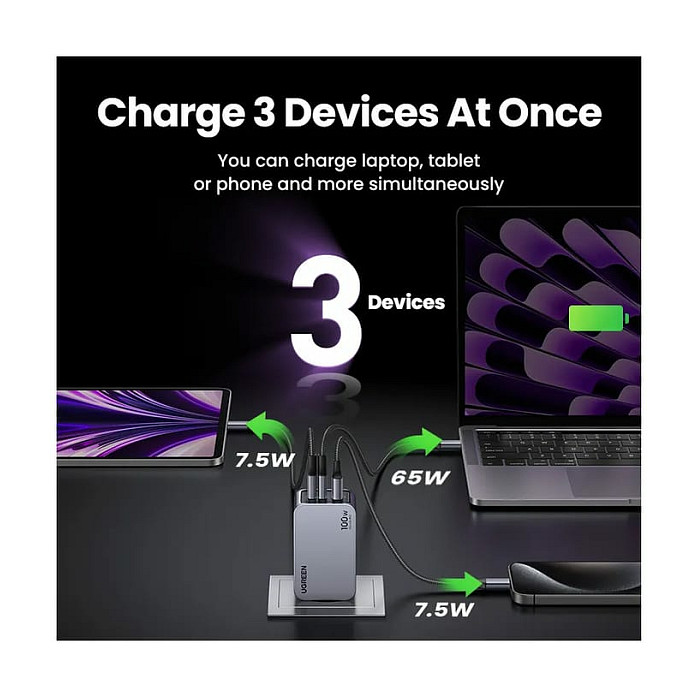 UGREEN Nexode Pro Mini FC, 100W, 2x USB-C, USB-A, USB-C kabel, GaN, sivi-23