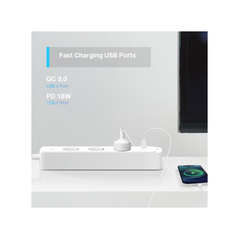 TP-Link WiFi Smart multi utičnica, 3×strujna utičnica, 2×USB-A, 1×USB-C, QC3.0 18W punjač, Tapo app, Wi-Fi kontrola, Timer/Schedule postavke, Glasovna kotrola Amazon Alexa/Google Assistant-7