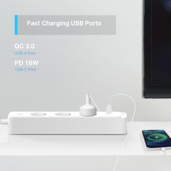 TP-Link WiFi Smart multi utičnica, 3×strujna utičnica, 2×USB-A, 1×USB-C, QC3.0 18W punjač, Tapo app, Wi-Fi kontrola, Timer/Schedule postavke, Glasovna kotrola Amazon Alexa/Google Assistant-11