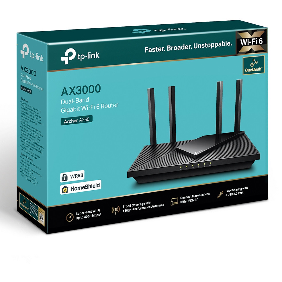 TP-Link AX3000 Archer AX55 bežični usmjerivač (Dual-Band Router Wi-Fi 6) 574Mbps/2402Mbps (2.4GHz/5GHz), 802.11ax/a/b/g/n/ac, 1×G-WAN, 4×G-LAN, USB3.0, 4×fiksne antene-10