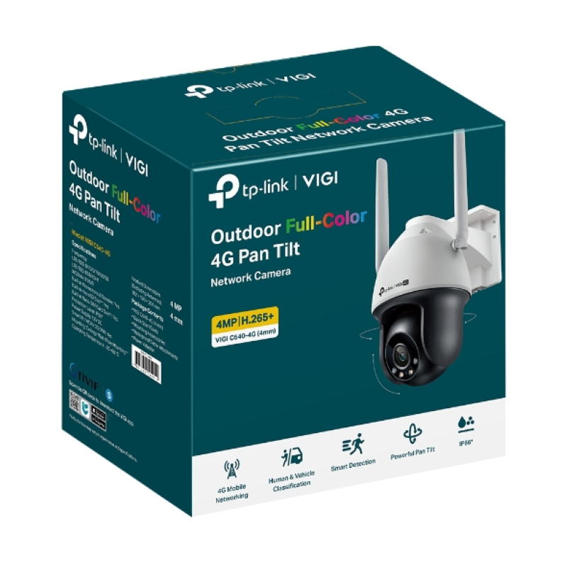 TP-Link VIGI 4MP Outdoor Full-Color 4G Pan/Tilt kamera, Max res. 2560x1440, 4MP, H.265+, 24h Full-Color, 2-way audio, IP66-4