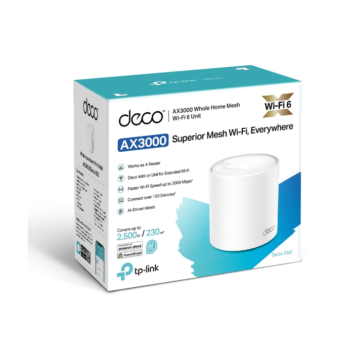TP-Link AX3000 Deco X50, Dual-Band Mesh Wi-Fi 6, 574Mbps/2402Mbps (2.4GHz/5GHz), 802.11ax/ac/n/a/b/g, 3×G-LAN, Deco App-7