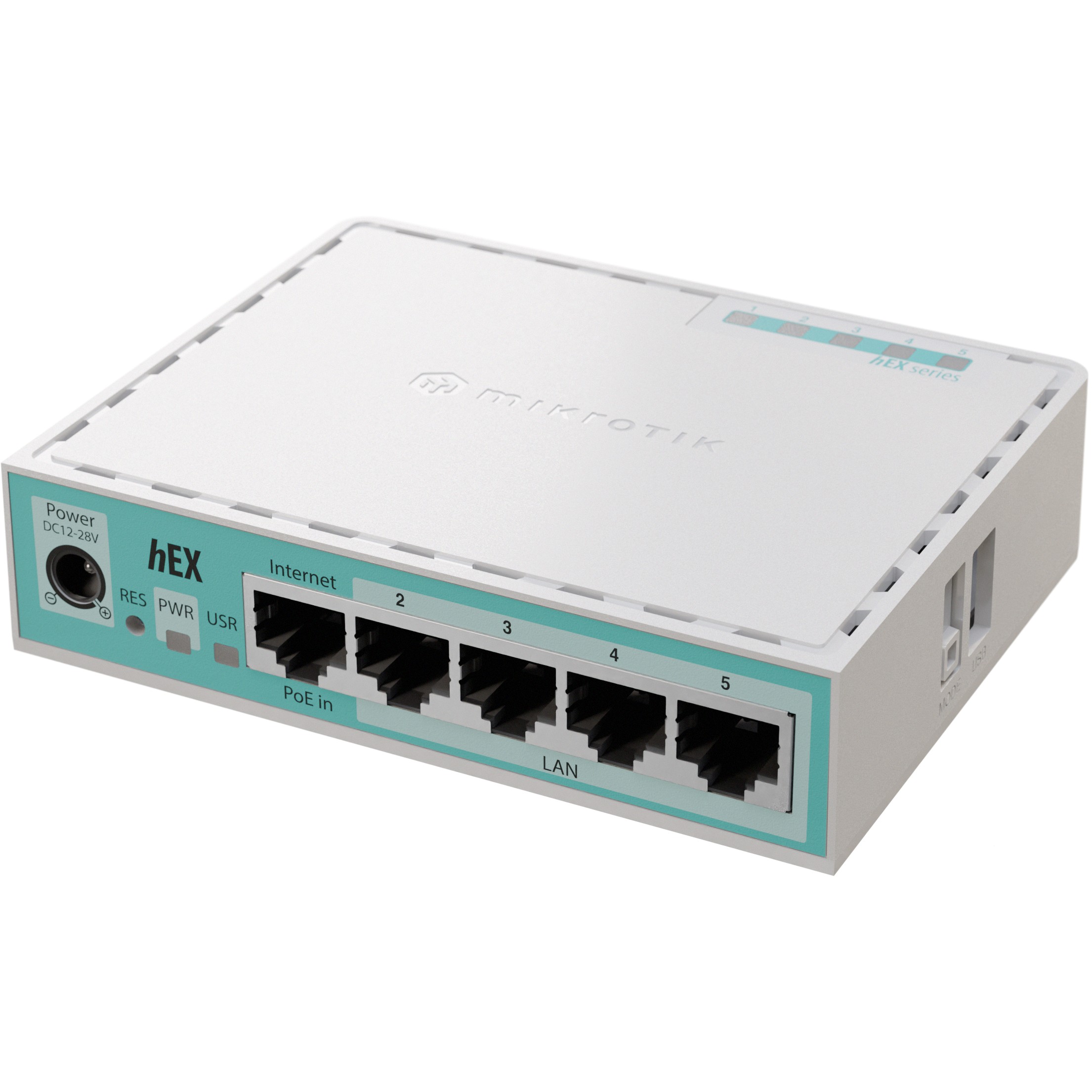 Mikrotik hEX refresh, 950 MHz CPU, 512MB RAM, 5×LAN, USB-A, POE support, RouterOSv7, metalno kućište, PSU-0
