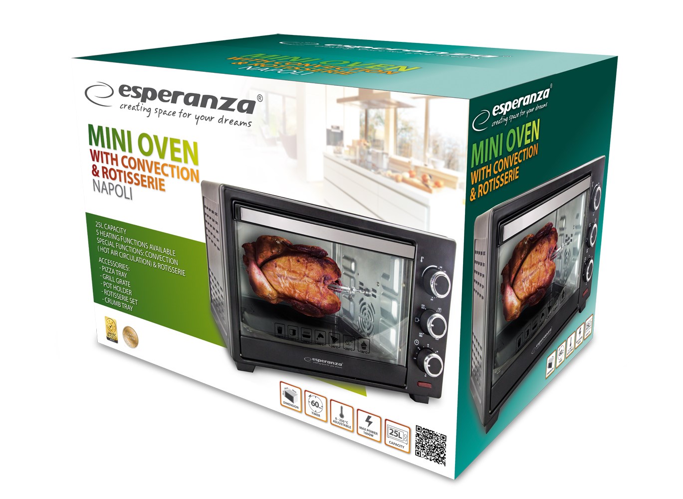 Mini pećnica ESPERANZA EKO006 s konvekcijom i ražnjem (25 L, 1600 W) crna-6