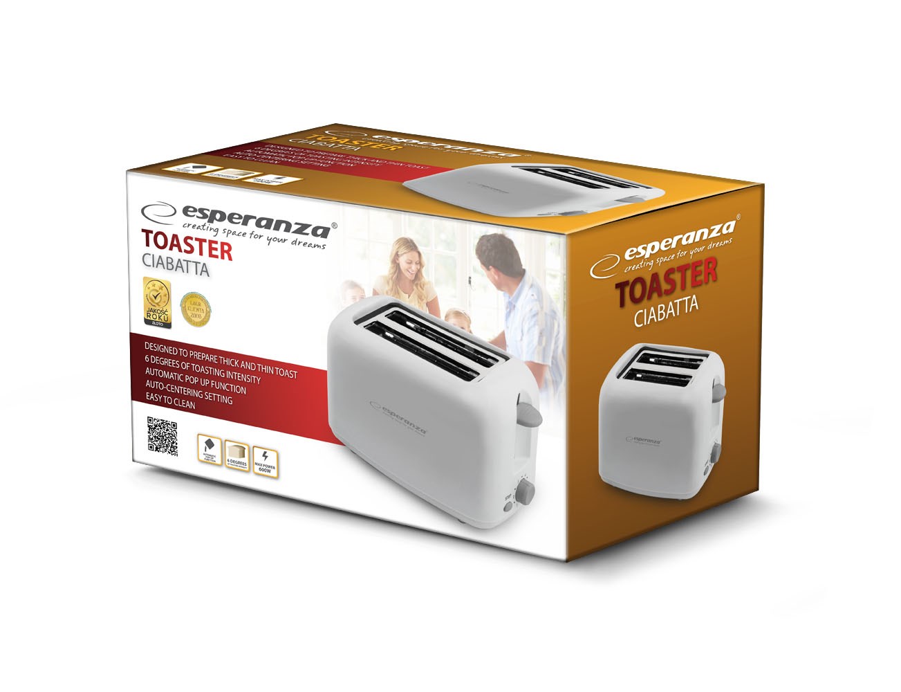 Toster EKT002 Caprese ESPERANZA (2 kriške, 600 W bijeli)-1