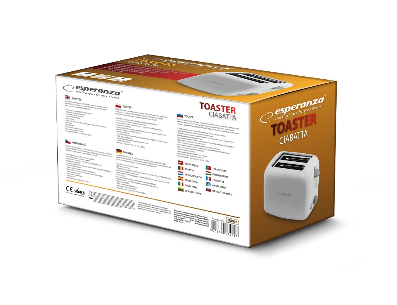 Toster EKT002 Caprese ESPERANZA (2 kriške, 600 W bijeli)-2