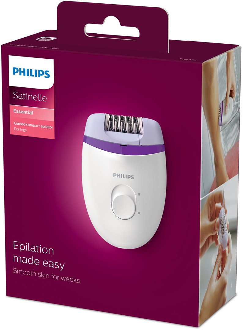 Epilator PHILIPS Satinelle Essential BRE225/00 (strujni, kompaktan, 2 brzine, Opti-light, periva glava, ljubičasto-bijeli)-0