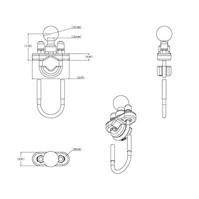 Osnova U-vijka za upravljač na šinama RAM Mounts (za šine 0.5" do 1.25" u promjeru)-3