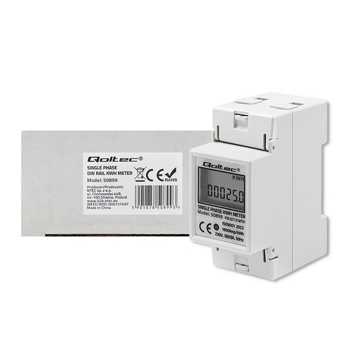 Mjerač potrošnje električne energije QOLTEC 50899 (jednofazni, elektronički, 230 V, LCD, 2P, DIN šina)