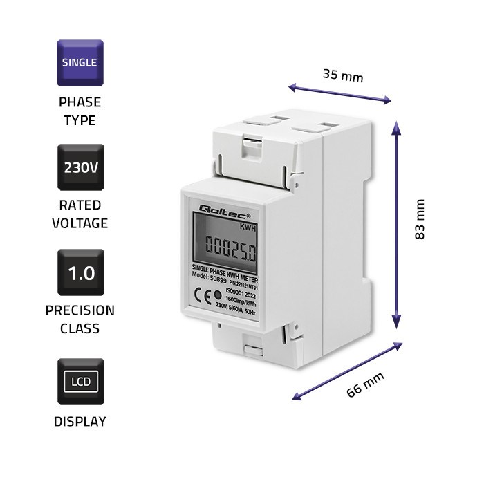 Mjerač potrošnje električne energije QOLTEC 50899 (jednofazni, elektronički, 230 V, LCD, 2P, DIN šina)-5